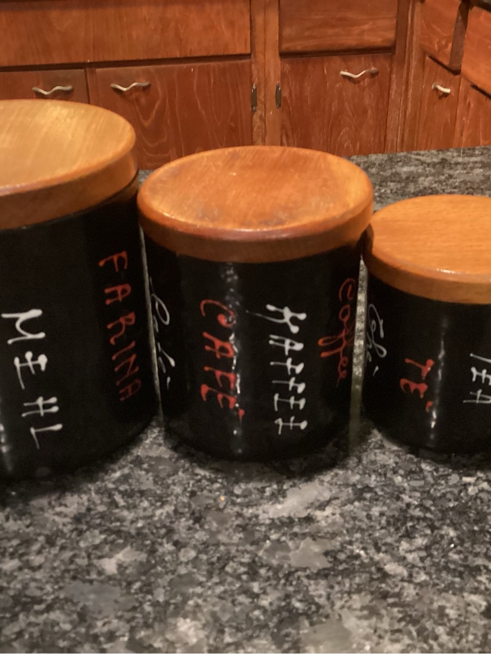 Black Metal  Kitchen Canister Set with Wood Lids - Coffee, Flour, Tea